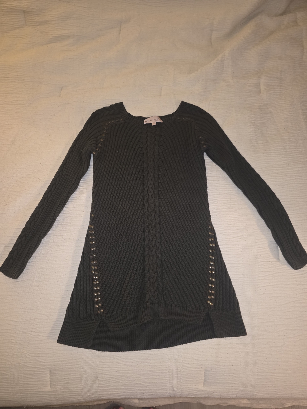 Philosophy Green Cable-Knit Crewneck Sweater with Side Stud Details